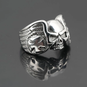 Gothic skull ring for men in retro silver stainless steel with wing and cross details