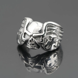 Gothic skull ring for men in vintage stainless steel with feather and cross details