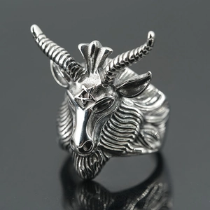 Vintage Gothic Baphomet Goat Head Ring For Men Titanium Steel Pentagram Punk Rock Biker Statement Ring Jewelry Accessory