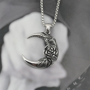 Vintage Stainless Steel Crescent Moon Rose Pendant Necklace Gothic Hip Hop Embossed Moon Jewelry For Men Women Unisex Gift