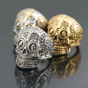 Vintage Edelstahl Totenkopf Ring Für Herren Gothic Punk Sugar Skull Kreuz Ring Mit Sonnenblumen Schnitzerei Schmuck