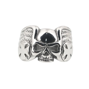 Gothic skull ring for men with wings and iron cross detail in vintage steel