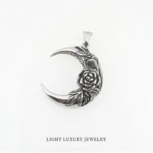Vintage stainless steel moon pendant necklace with detailed rose relief for men and women