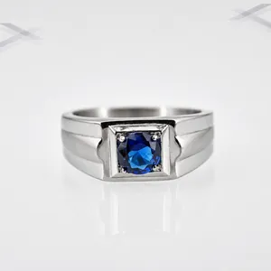 Classic silver stainless steel ring featuring a square-cut blue gemstone in a claw setting