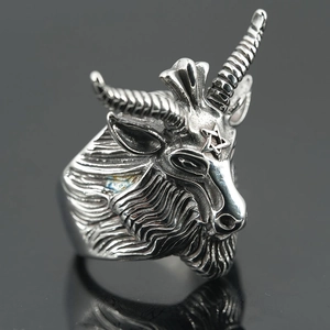 Gothic Baphomet goat head ring in vintage stainless steel with intricate dark textures