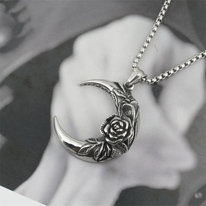 Gothic crescent moon necklace with rose engraving in vintage stainless steel finish