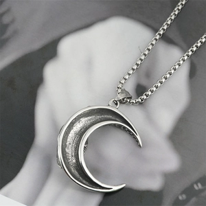 Gothic moon pendant necklace in vintage oxidized titanium steel with box chain style