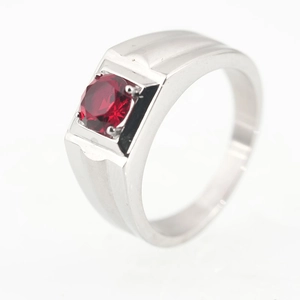 Mens stainless steel ring featuring a round red gemstone in a square four-claw setting