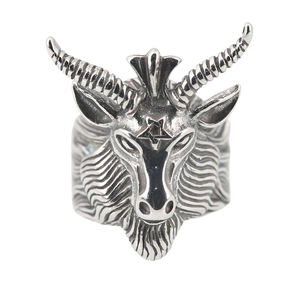 Retro stainless steel goat head ring with pentagram symbol and antique silver finish