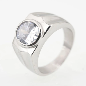 Men's titanium steel ring with large round zircon stone, minimalist wide band silver design