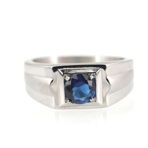 Men's silver stainless steel ring with square setting and round blue gemstone