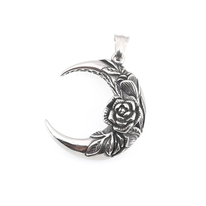 Gothic crescent moon and rose flower stainless steel pendant necklace for men and women