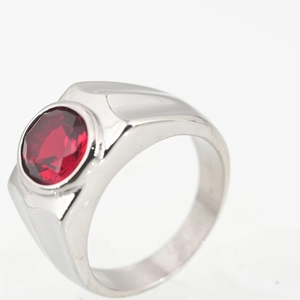Men's silver titanium steel ring featuring a round red zircon gemstone inlay