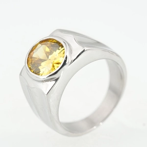 Mens silver titanium ring with large round yellow zircon stone and polished finish