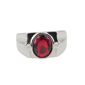 Mens stainless steel ring featuring a polished finish and a large red oval zircon stone