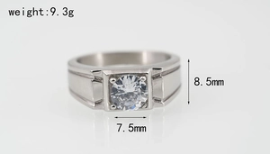 Detailed specs of men's titanium ring with cz stone showing 7.5mm width and 9.3g weight