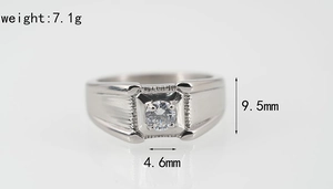 Detail view of silver titanium steel ring with cubic zirconia and dimension labels