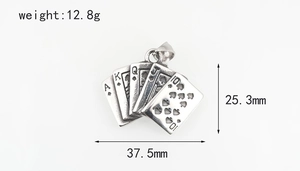 Detailed view of stainless steel playing card poker royal flush spade pendant