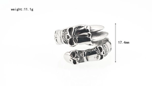 Macro detail of gothic skull ring in vintage steel finish showing 17.4mm height and 11.1g weight