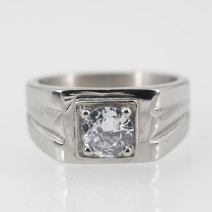Titanium steel couple's diamond ring with square bezel set round brilliant stone