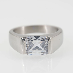 Men's titanium steel ring with large radiant cut rectangle cubic zirconia stone