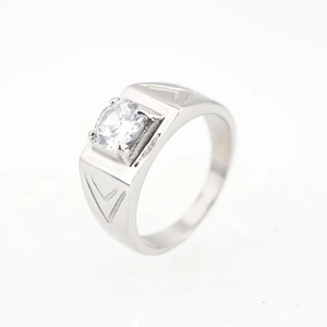 Polished titanium steel ring for men featuring V-shaped engraving and large round crystal