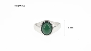 Detail view of a silver titanium ring featuring a green tiger eye stone and 13.1mm height