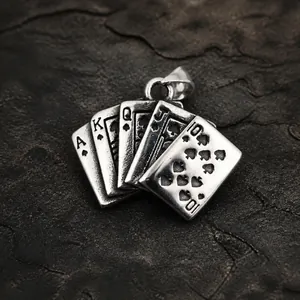 Retro stainless steel poker card pendant featuring Ace of Spades royal flush design