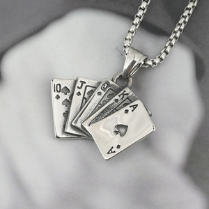 Men's poker card royal flush pendant necklace in vintage stainless steel finish
