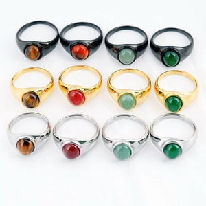 Vintage Titanium Steel Signet Ring For Women Men Oval Tiger Eye Stone Red Agate Aventurine Inlaid Retro Fashion Jewelry Ring