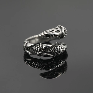 Bague gothique rétro en forme de griffe de dragon avec crâne d'oiseau et texture argentée