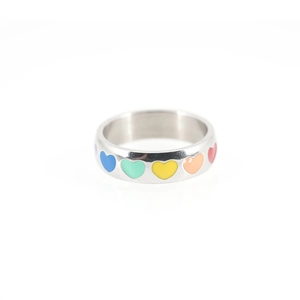 Silver stainless steel band ring with colorful enamel heart patterns for women
