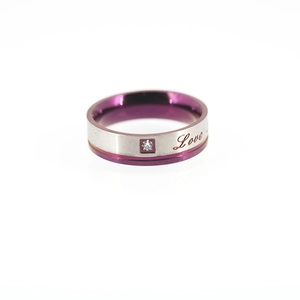 Bague de couple minimaliste en acier violet et argent avec gravure Love et diamant