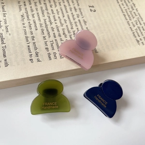 Dettaglio di piccole mollette per capelli in acetato rosa, oliva e blu con logo dorato France
