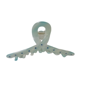 Elegant acetate hair claw clip with green marble texture and sparkling blue rhinestones