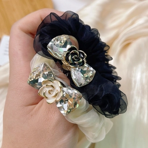 Elegant large organza scrunchies set with crystal rhinestones and camellia flowers
