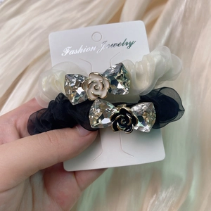 Elegant organza scrunchies set with crystal bow and camellia flower for ponytail