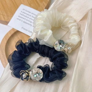 Elegant Organza Rhinestone Camellia Scrunchie High Elasticity Floral Hair Ring For Women Fashion Hair Accessories