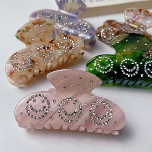 Fashionable acetate hair claw clip with rhinestones smiley face and marble texture