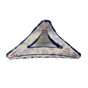 Geometric triangle acetate hair claw with blue marble texture and crystal accents
