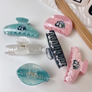 Cute cat pattern acetate hair claws with rhinestones in multiple marble colors set