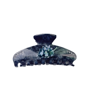 Cute cat print hair claw clip with blue marble pattern and sparkling rhinestones