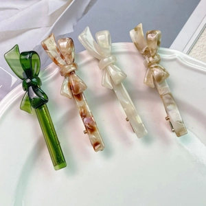 Set of 4 cute acetate bow hair clips in green, marble brown and cream white marble colors