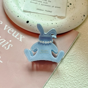 Détail de la pince à cheveux lapin bleu pailleté avec collier de perles et gravure