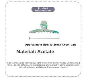 Detailed size parameters of large acetate hair claw with blue marble texture design