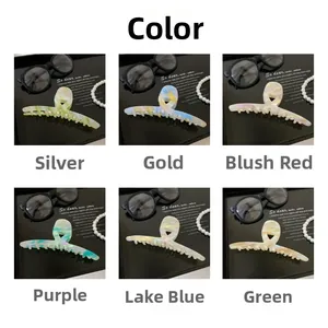 Detailed grid view of six colored acetate hair claws with iridescent marble texture