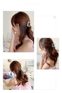 Detail of elegant rectangular acetate hair claws in various marble patterns for women