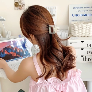 Blue marble texture rectangular hair claw clip for elegant Korean half-up hairstyle