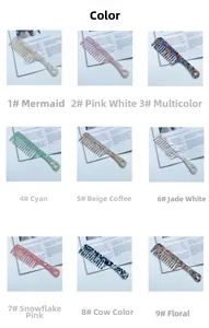 Macro display of nine colorful cellulose acetate wide-tooth combs with marble texture handles