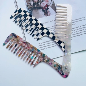 Fashion acetate hair combs with marble textures and geometric handles for hair styling